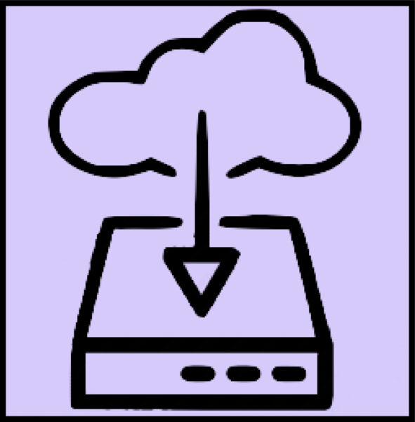 Cartoon of a cloud with an arrow pointing to a hard drive over a purple background