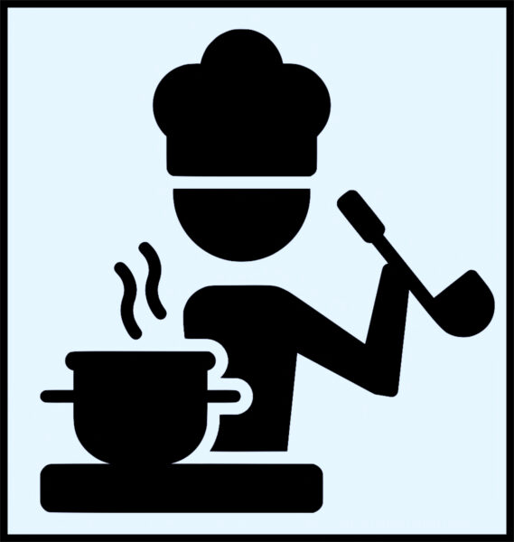 Cartoon image of a chef cooking over a stove.