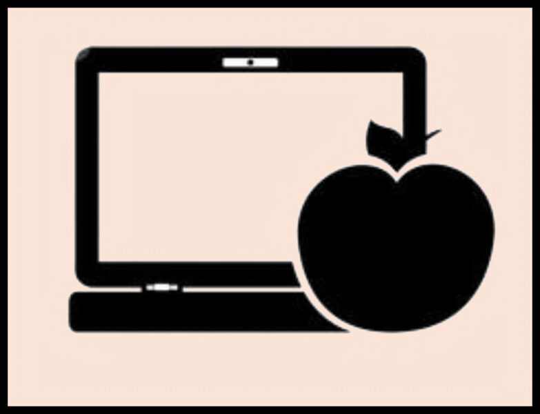 Cartoon of an apple in front of a laptop computer over a light orange background