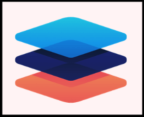 A stack of three different colored squares (blue, navy blue, red) in perspective view over a pink background.
