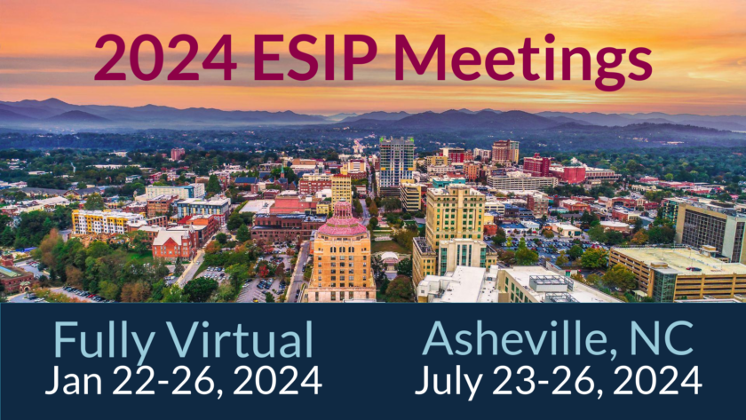 Banner showing an overhead photograph of Asheville, North Carolina with information about the 2024 Earth Science Information Partners meeting.