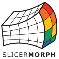Slicermorph logo. A warped gridded cube with the right side in rainbow colors