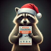 AI-Gemini generated image of a raccoon in a santa hat holding a piece of paper with upcoming training workshop on it.