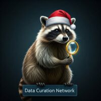 AI-Gemini generated image of a raccoon holding a magnifying glass above "Data Curation Network" label