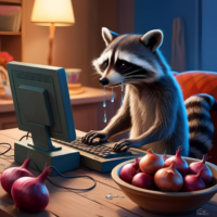 a raccoon crying while typing on a computer next to onions